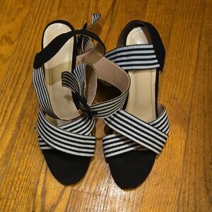 Black and White Striped Women's Chunky Heel Sandals